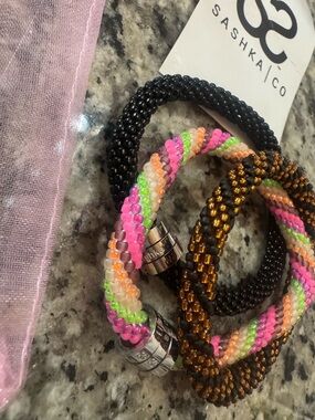 Sashka Co. Women’s Beaded Bracelet Set - Black, Gold, Neon Pink & Green